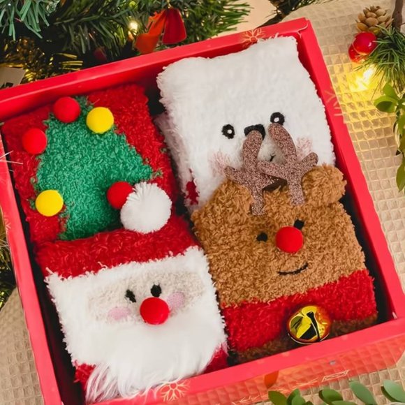 4 Pairs Socks Gift For Christmas With Box , Fuzzy Fluffy Thick Socks , 3D Ears D - Picture 4 of 5